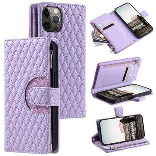 For iPhone 12 Pro Max Glitter Lattice Zipper Wallet Leather Phone Case(Purple)