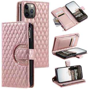 For iPhone 12 Pro Max Glitter Lattice Zipper Wallet Leather Phone Case(Rose Gold)