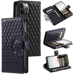 For iPhone 11 Pro Max Glitter Lattice Zipper Wallet Leather Phone Case(Black)