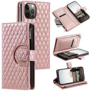 For iPhone 11 Pro Max Glitter Lattice Zipper Wallet Leather Phone Case(Rose Gold)