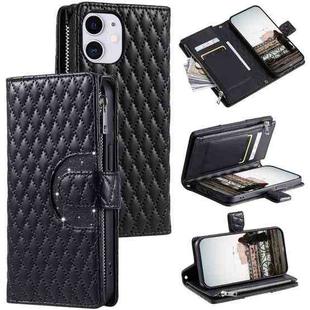 For iPhone 11 Glitter Lattice Zipper Wallet Leather Phone Case(Black)