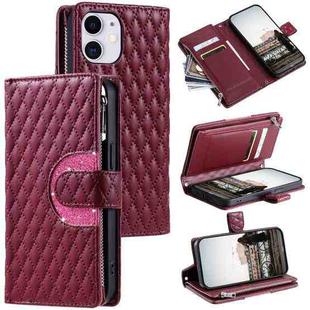 For iPhone 11 Glitter Lattice Zipper Wallet Leather Phone Case(Wine Red)