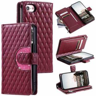 For iPhone 7 / 8 / SE 2022 Glitter Lattice Zipper Wallet Leather Phone Case(Wine Red)