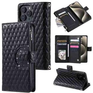 For iPhone 16 Pro Max Glitter Lattice Zipper Wallet Leather Phone Case(Black)