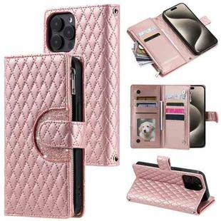 For iPhone 16 Pro Glitter Lattice Zipper Wallet Leather Phone Case(Rose Gold)