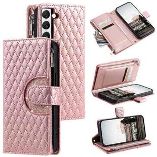 For Samsung Galaxy S22 5G Glitter Lattice Zipper Wallet Leather Phone Case(Rose Gold)