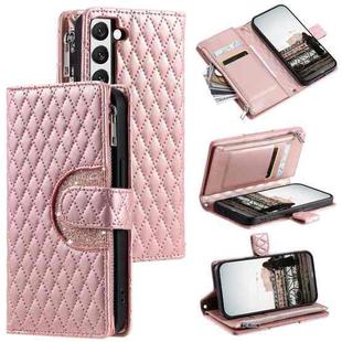 For Samsung Galaxy S22+ 5G Glitter Lattice Zipper Wallet Leather Phone Case(Rose Gold)