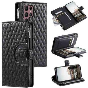 For Samsung Galaxy S22 Ultra 5G Glitter Lattice Zipper Wallet Leather Phone Case(Black)