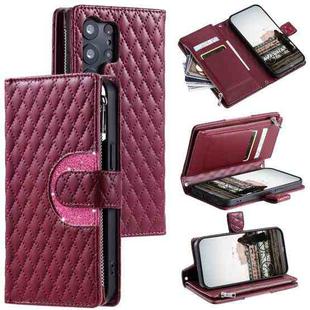 For Samsung Galaxy S23 Ultra 5G Glitter Lattice Zipper Wallet Leather Phone Case(Wine Red)