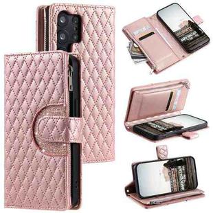 For Samsung Galaxy S23 Ultra 5G Glitter Lattice Zipper Wallet Leather Phone Case(Rose Gold)