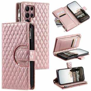 For Samsung Galaxy S24 Ultra 5G Glitter Lattice Zipper Wallet Leather Phone Case(Rose Gold)