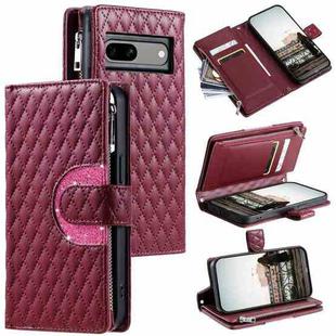 For Google Pixel 7a Glitter Lattice Zipper Wallet Leather Phone Case(Wine Red)