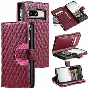 For Google Pixel 8 Glitter Lattice Zipper Wallet Leather Phone Case(Wine Red)