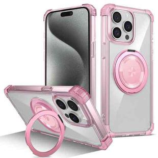 For iPhone 15 Pro Gold Shield CD Pattern MagSafe Magnetic Phone Case with Rotating Stand(Transparent Pink)