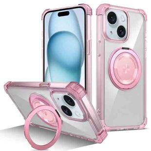For iPhone 15 Plus Gold Shield CD Pattern MagSafe Magnetic Phone Case with Rotating Stand(Transparent Pink)