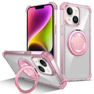 For iPhone 14 Plus Gold Shield CD Pattern MagSafe Magnetic Phone Case with Rotating Stand(Transparent Pink)