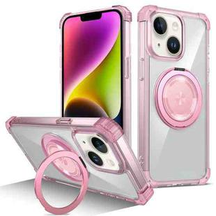 For iPhone 14 Gold Shield CD Pattern MagSafe Magnetic Phone Case with Rotating Stand(Transparent Pink)