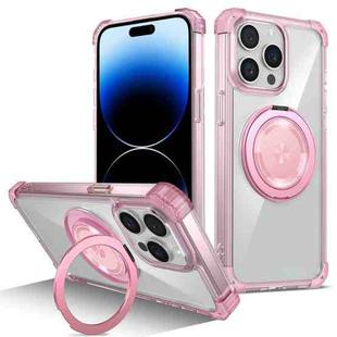 For iPhone 14 Pro Max Gold Shield CD Pattern MagSafe Magnetic Phone Case with Rotating Stand(Transparent Pink)
