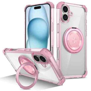 For iPhone 16 Plus Gold Shield CD Pattern MagSafe Magnetic Phone Case with Rotating Stand(Transparent Pink)