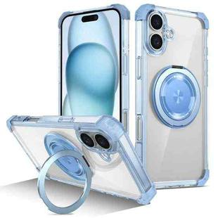 For iPhone 16 Gold Shield CD Pattern MagSafe Magnetic Phone Case with Rotating Stand(Transparent Blue)