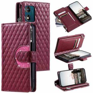 For Motorola Moto E13 Glitter Lattice Zipper Wallet Leather Phone Case(Wine Red)