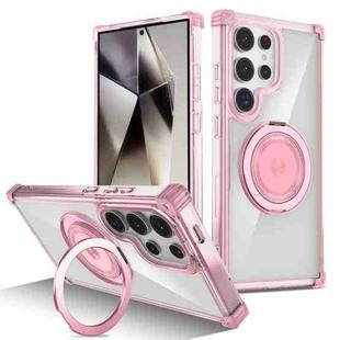 For Samsung Galaxy S24 Ultra 5G Gold Shield CD Pattern MagSafe Magnetic Phone Case with Rotating Stand(Transparent Pink)