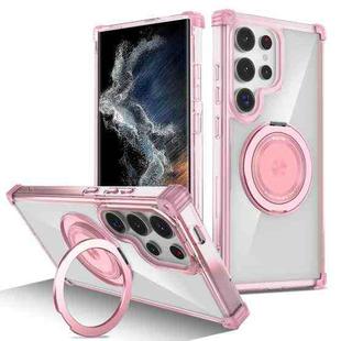 For Samsung Galaxy S22 Ultra 5G Gold Shield CD Pattern MagSafe Magnetic Phone Case with Rotating Stand(Transparent Pink)