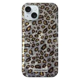 For iPhone 15 Feather Leopard Print Pattern Double-layer Acrylic+TPU Shockproof Phone Case(Grey)