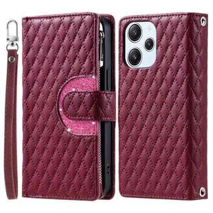 For Xiaomi Redmi 12 4G/5G Glitter Lattice Zipper Wallet Leather Phone Case(Wine Red)