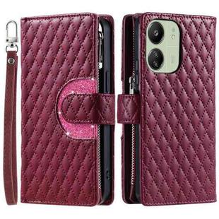 For Xiaomi Redmi 13C 4G/5G Glitter Lattice Zipper Wallet Leather Phone Case(Wine Red)