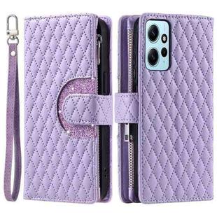 For Xiaomi Redmi Note 12 4G Global Glitter Lattice Zipper Wallet Leather Phone Case(Purple)
