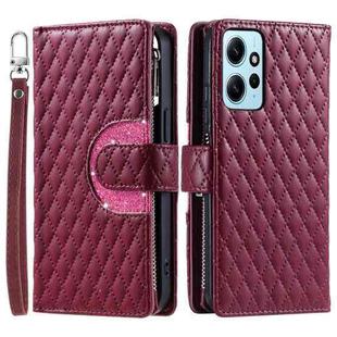 For Xiaomi Redmi Note 12 4G Global Glitter Lattice Zipper Wallet Leather Phone Case(Wine Red)