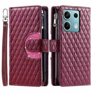 For Xiaomi Redmi Note 13 4G Global Glitter Lattice Zipper Wallet Leather Phone Case(Wine Red)