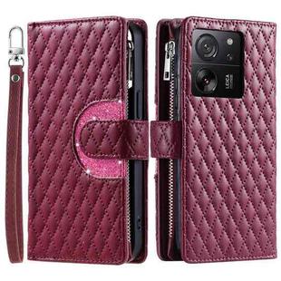 For Xiaomi 13T / 13T Pro Glitter Lattice Zipper Wallet Leather Phone Case(Wine Red)