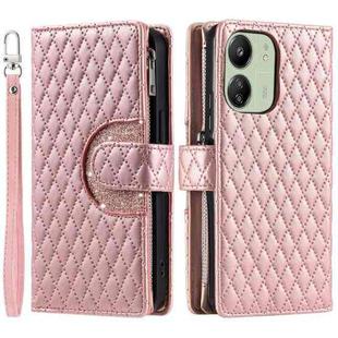 For Xiaomi Redmi 13R Glitter Lattice Zipper Wallet Leather Phone Case(Rose Gold)