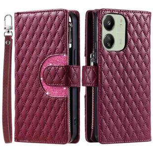 For Xiaomi Poco C65 Glitter Lattice Zipper Wallet Leather Phone Case(Wine Red)