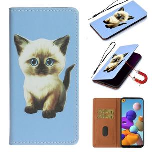 For Samsung Galaxy A21s Pure Color Painting Horizontal Flip Leather Case with Card Slot & Holder(Cat)