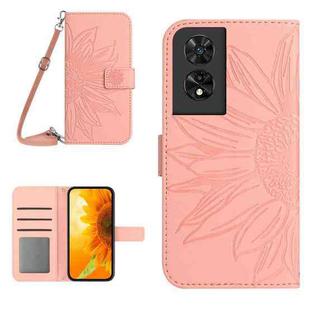 For TCL 505 Skin Feel Sun Flower Embossed Flip Leather Phone Case with Lanyard(Pink)