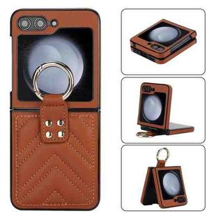 For Samsung Galaxy Z Flip5 V-shaped PU Hybrid TPU Ring Holder Phone Case(Brown)