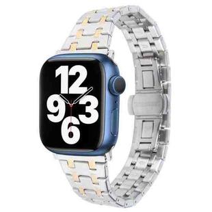 For Apple Watch Series 7 45mm Double T Stainless Steel Watch Band(Silver Gold)