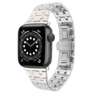 For Apple Watch Series 6 44mm Double T Stainless Steel Watch Band(Silver Gold)