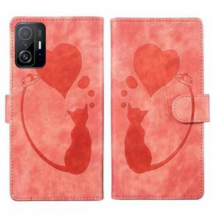 For Xiaomi 11T / 11T Pro Pen Heart Cat Embossed Leather Phone Case(Orange)