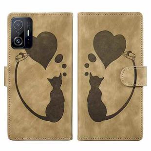 For Xiaomi 11T / 11T Pro Pen Heart Cat Embossed Leather Phone Case(Apricot)