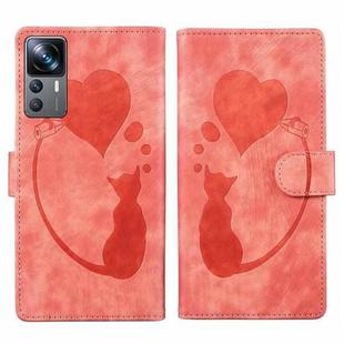 For Xiaomi 12T / 12T Pro Pen Heart Cat Embossed Leather Phone Case(Orange)