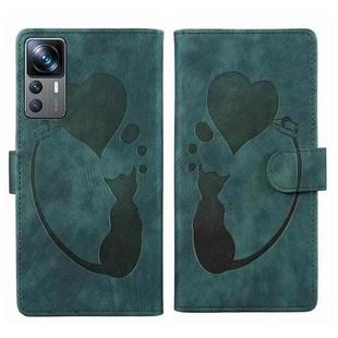 For Xiaomi 12T / 12T Pro Pen Heart Cat Embossed Leather Phone Case(Green)