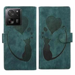 For Xiaomi 13T / 13T Pro Pen Heart Cat Embossed Leather Phone Case(Green)