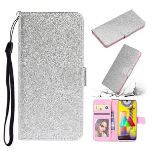 For Samsung Galaxy A21s Glitter Powder Horizontal Flip Leather Case with Card Slots & Holder & Photo Frame & Wallet & Lanyard(Silver)