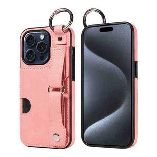 For iPhone 15 Pro Calf Texture Wrist Card Slot Ring Phone Case(Pink)