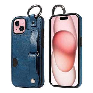 For iPhone 15 Calf Texture Wrist Card Slot Ring Phone Case(Blue)