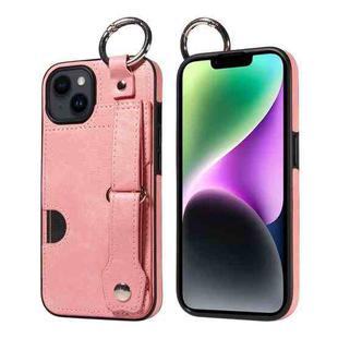 For iPhone 14 Plus Calf Texture Wrist Card Slot Ring Phone Case(Pink)